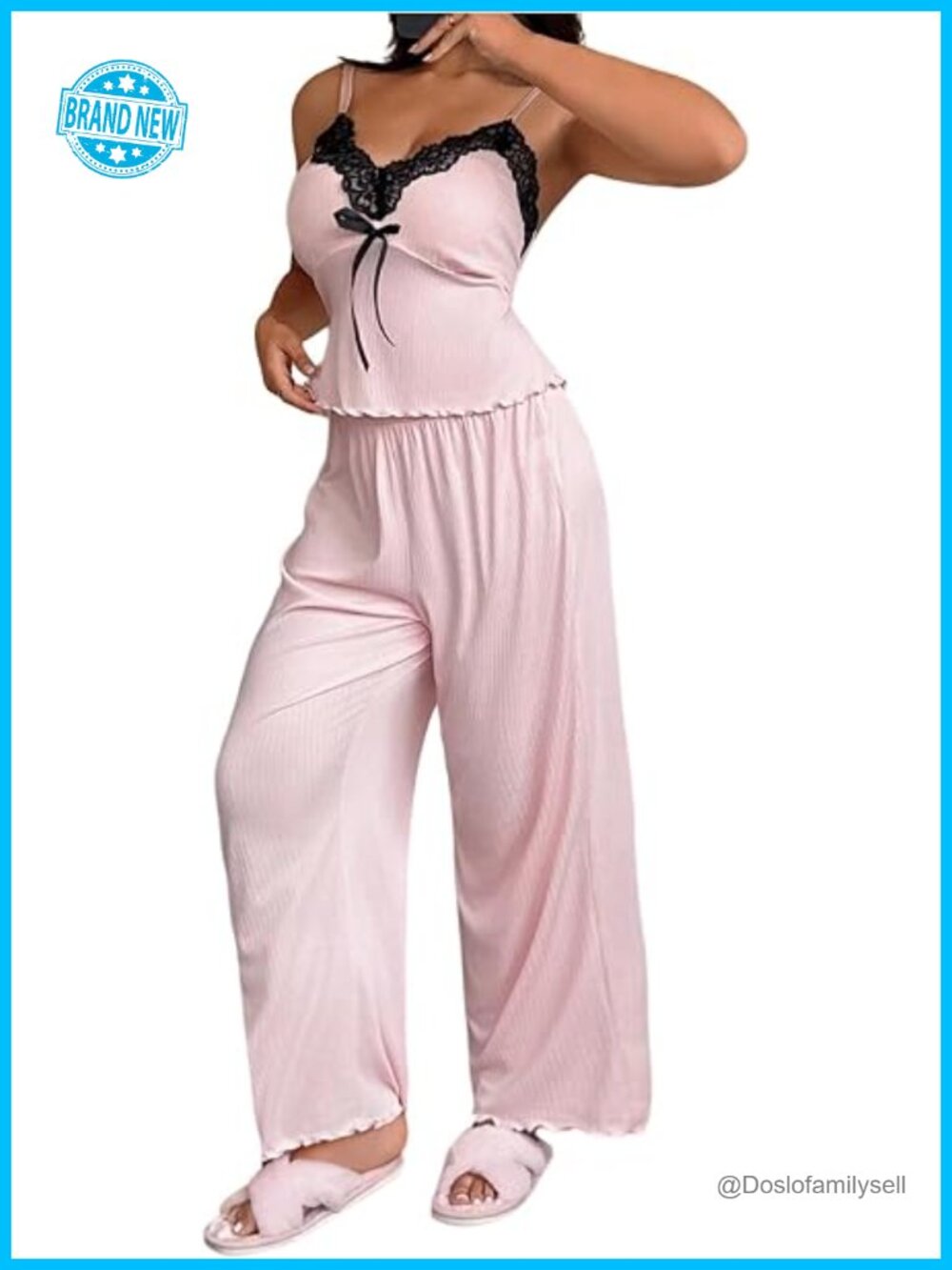 Plus Size Lace Ribbed Knit Lounge Sets 2 Piece Deep V Cami Top and Pants Pajamas
